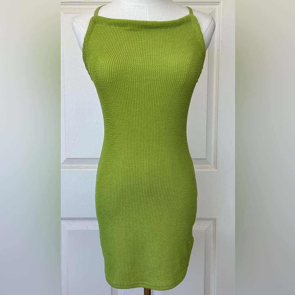 Urban Outfitters Ribbed Mini Dress Open Back Bodycon Lime Size Medium - Picture 1 of 9